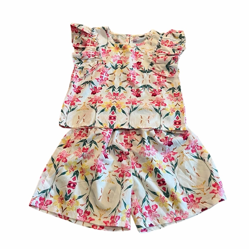 Floral Ruffle Sleeve Top and Shorts Set
